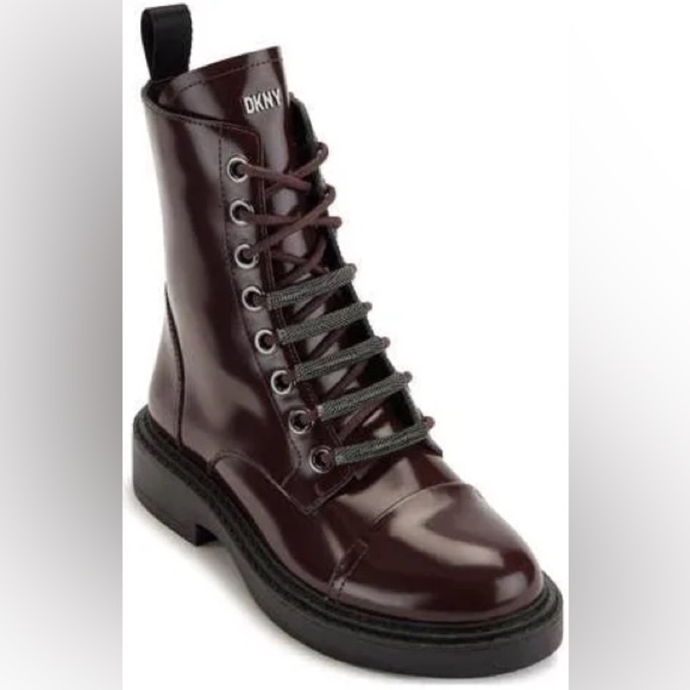 DKNY Glossy Wine Lace-Up Combat Boot with Black Lug Sole